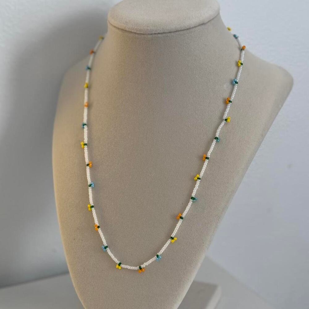 White Yellow Blue Beaded Necklace Handmade Colorful Jewelry Unique Gift - Picture 4 of 4